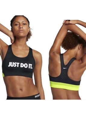 NIKE  Women's Pro Classic Swoosh Cooling Mesh Sports Bra black neon yellow Sz L